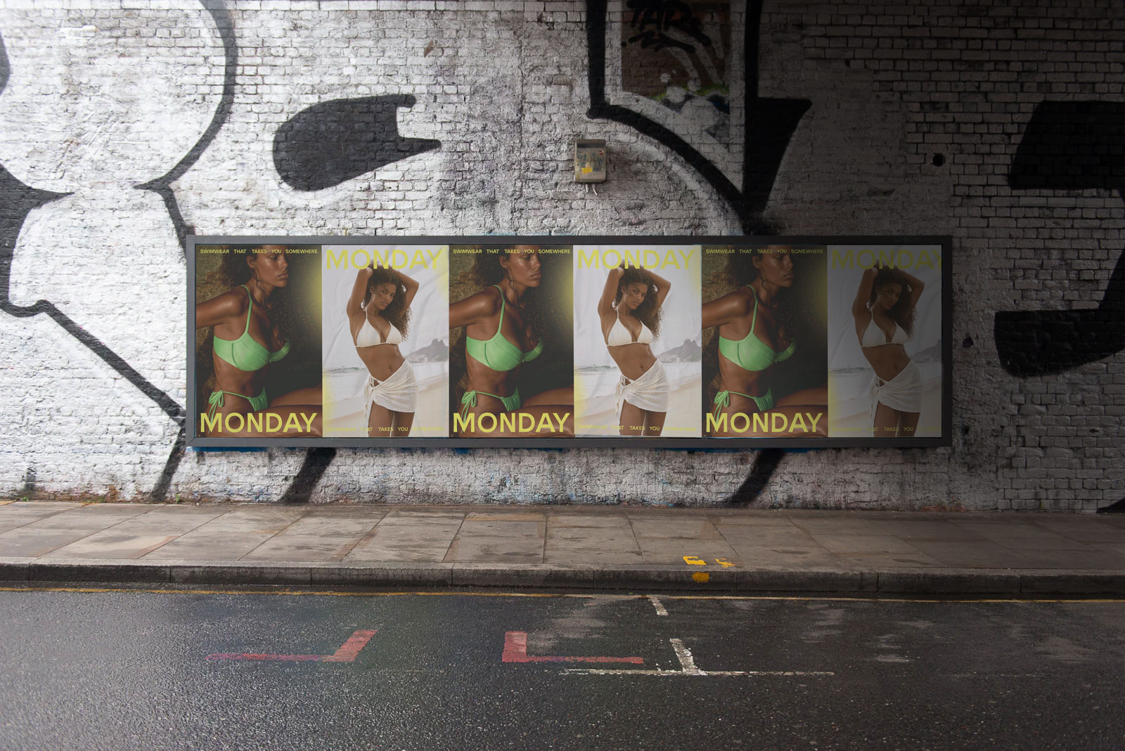 Wheatpaste street poster installation for Monday Swimwear in Seattle